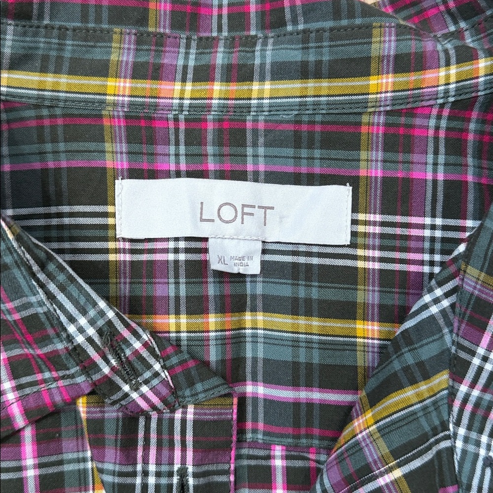 Loft Multicolor Plaid Button Front Vented Hem Lon… - image 2